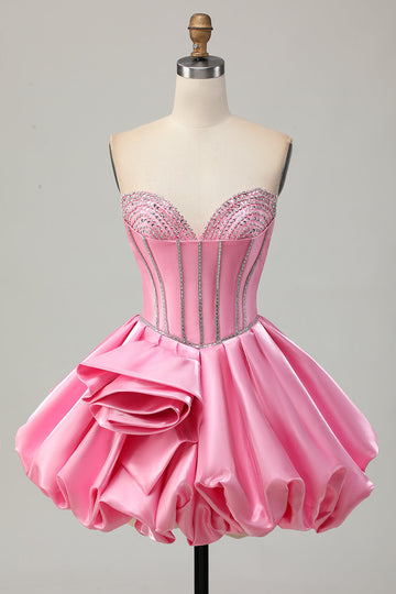 Pink Bodycon Sweetheart Satin Corset Homecoming Dress with Rhinestones